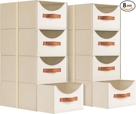 Stackable Storage Drawers - Collapsible Storage Bins with Drawers, 8 Pack Closet Shelf Organizer Basket, Fabric Pull Out Organizer for Bedroom, Living Room, Dorm, Beige
