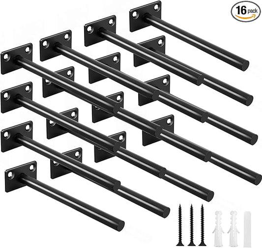 16 Pcs 6" Black Solid Steel Floating Shelf Bracket Blind Shelf Supports - Hidden Brackets for Floating Wood Shelves - Concealed Blind Shelf Support – Screws and Wall Plugs Included