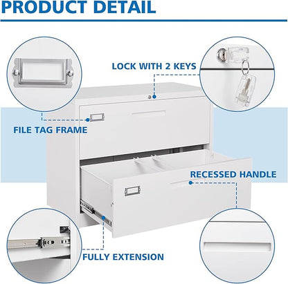 2 Drawer Lateral File Cabinet Metal Filing Storage Cabinet with Lock Office Home Steel File Cabinet for A4 Legal/Letter Size File Cabinet Locked,Assembly Required (2 Drawer, White)