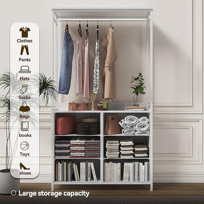 6 Dresser Drawer with Hanging Rack, 2-in-1Tall Dresser for Bedroom/Closet, Fabric Dressers & Chests of Drawers, Sturdy Alloy Steel Frame, Space Saving Closet Organizer