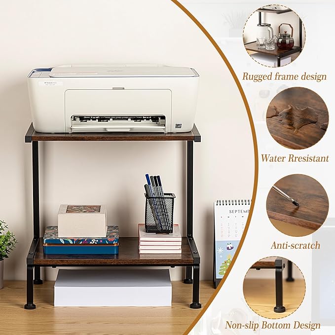 Printer Stand with Storage for Desk, 2 Tier Desktop Printer Stand-Multi-Purpose Desk Organizer, Large Wooden Printer Table for Folders,Books,for Fax Machine, Scanner,Home Office, 3D Printer