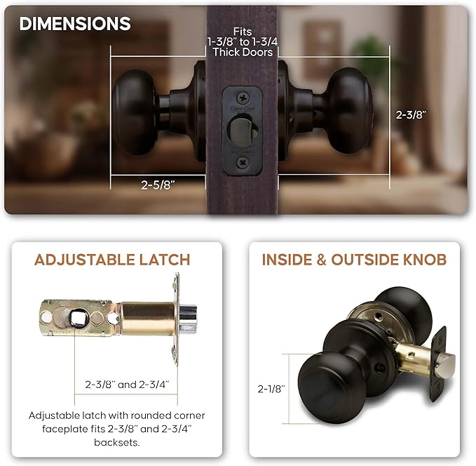 Copper Creek Colonial Passage Interior Door Knob – ANSI Grade-3 Certified, Modern Heavy Duty Handle, Easy Install and Reversible for Bedroom, Bathroom and Closets – Tuscan Bronze (1 Pack)