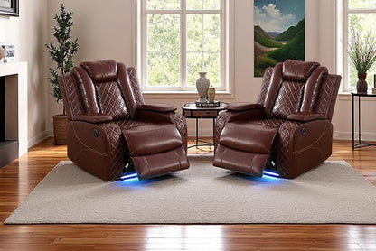 Brown Leather Power Recliner Chairs, Two Reclining Sofa Chairs with Comfortable Armrest and Backrest, Living Room Furniture Sets with LED Home Theater Seating for Living Room, Bedroom