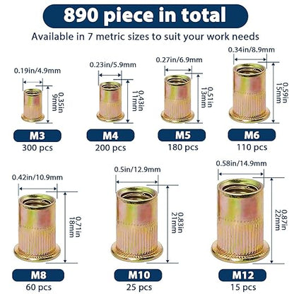 Metric Rivet Nut Assortment Kit(890 Pcs), M3 M4 M5 M6 M8 M10 M12 Flat Head Rivnut Set, Zinc Plated Finish Carbon Steel Nutsert