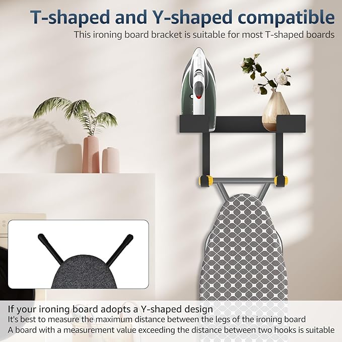Ironing Board Holder, Wall Mount Ironing Board Hanger, Stainless Steel Iron Board Holder, Multipurpose Ironing Board Rack with Shelf and Removable Hooks, Storage Organization for Laundry Room Bathroom