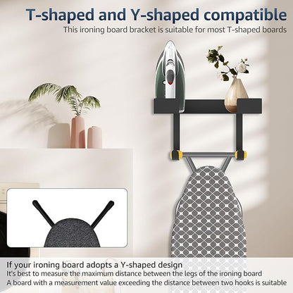 Ironing Board Holder, Wall Mount Ironing Board Hanger, Stainless Steel Iron Board Holder, Multipurpose Ironing Board Rack with Shelf and Removable Hooks, Storage Organization for Laundry Room Bathroom