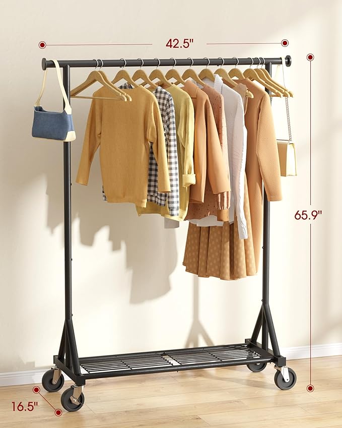 Stainless Steel Rolling Clothes Rack with Mesh Shelf, Lockable Wheels & Anti-Slip Stoppers, Freestanding Clothing Organizer for Bedroom, Laundry Room, 42.5" x 16.5" x 65.9", Black