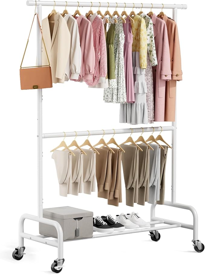 Abiglifty 2 Tier Clothes Rcks for Hanging Clothes, Heavy-Duty Clothing Rack with Wheels,150LBS Capacity, 42" W X15 D X 77" H Garment Rack with Bottom Shelf, for Bedroom, Living Room, White