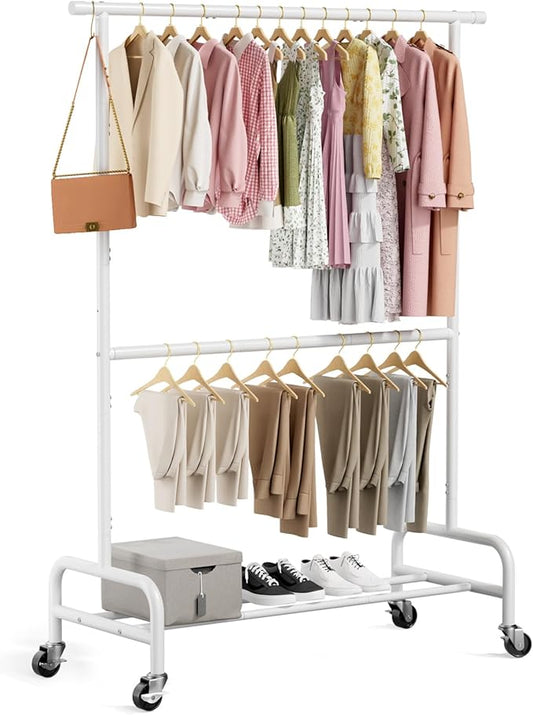 Abiglifty 2 Tier Clothes Rcks for Hanging Clothes, Heavy-Duty Clothing Rack with Wheels,150LBS Capacity, 42" W X15 D X 77" H Garment Rack with Bottom Shelf, for Bedroom, Living Room, White