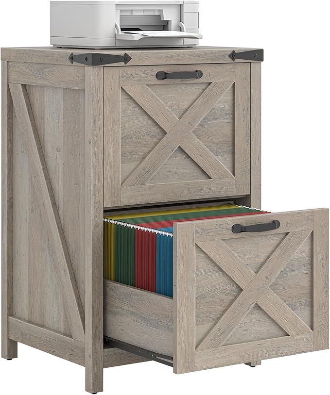 2 Drawer Small File Cabinet, Farmhouse Vertical Filing Cabinet Fits Letter and A4 Size, Under Desk Wooden File Cabinets for Home Office, Printer Stand, Grey