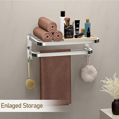 DDS-DUDES 15 Inch Bathroom Towel Rack Towel Shelf with Double Towel Bars Lavatory Wall Mount Holder with Hooks Stainless Steel Hotel Bath Rack