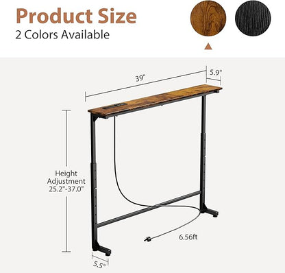 GRLEAF 39" Adjustable Height Narrow Console Table with Power Outlets, Long Sofa Table with Charging Station Behind Couch Table Skinny Entryway Table for Living Room, Hallway and Office – Rustic Brown