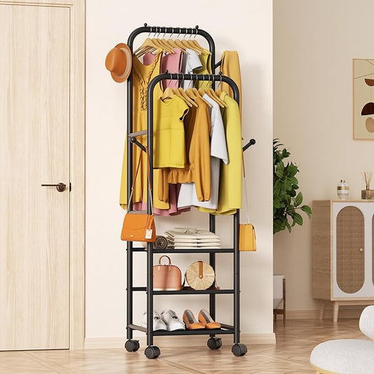 Furologee Rolling Clothing Racks for Hanging Clothes, Double Rods Clothes Rack With Wheels, Sturdy Coat Racks,Portable Metal Garment Rack for Bedroom Laundry Living Room, Black