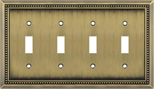 Henne Bery Sunken Pearls Heavy Duty Decorative Wall Plate Switch Plate Outlet Cover (Quad Toggle, Antique Brass)