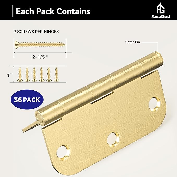 Door Hinges Satin Brass - 36 Pack Gold Door Hinges 3.5 Inch Rounded Interior Door Hinge with 5/8" Radius - 3 1/2 Inches Brushed Brass Hinges for Residential Standard Doors
