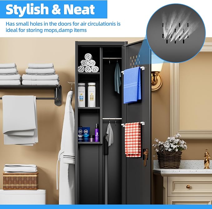 Broom Closet Storage Cabinet, 72" H Garage Storage Cabinet with Wheels, Lockable Door and Hooks for Garage Cleaning Supplies Broom Mops, Black, Assembly Required