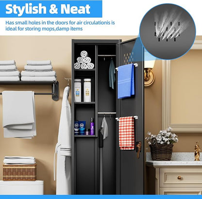 Broom Closet Storage Cabinet, 72" H Garage Storage Cabinet with Wheels, Lockable Door and Hooks for Garage Cleaning Supplies Broom Mops, Black, Assembly Required