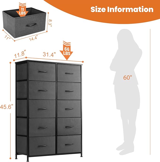Sweetcrispy Dresser for Bedroom Tall Drawer Dresser Organizer Storage Drawers Fabric Storage Tower with 10 Drawers, Chest of Drawers with Fabric Bin, Steel Frame, Wood Top for Bedroom