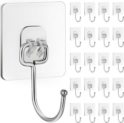 20 Pack Large Sticky Hooks for Hanging Heavy Duty, Wall Hooks Adhesive, Clear self Adhesive Hooks for Wall, Kitchen, Bathroom, Shower & Ceiling