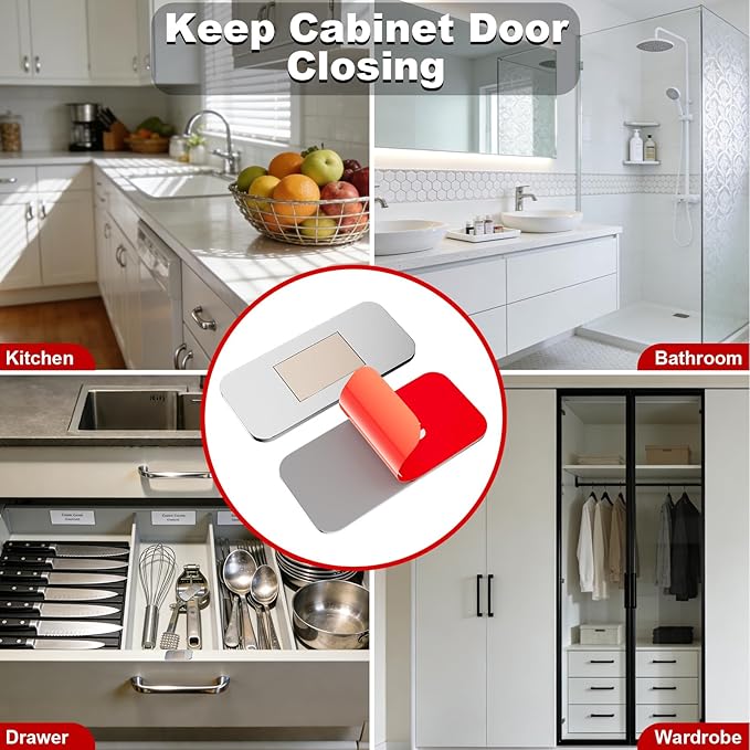 No Drill Magnetic Cabinet Door Catch with Adhesive – Stainless Steel, Strong Hold Child Safety Lock for Kitchen Cabinets, Bathroom, RV – Drawer Magnets 1.57” x 0.79” 4 Pack