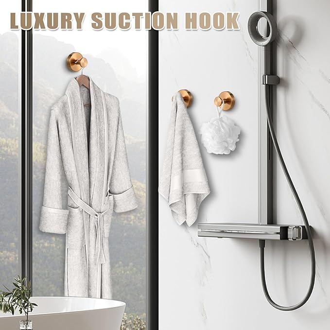 Suction Cup Hooks for Shower No-Drill Bathroom Hooks for Towels, Robes, Loofah Mountable on Bathroom Walls, Kitchen, Glass, Mirrors, Tile and Smooth,Non-Porous Surfaces (2, Champagne Bronze)