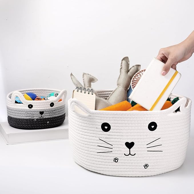 Zopeal Cat Basket Storage Woven Organizer with Ears Easter Decorative Gift Pet Toy Cute Cotton Rope Basket for Gift Cat Dog Toy Bin Nursery Room(13.7 x 7.8 Inch,White)