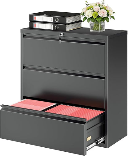 Bonusall File Cabinet, Lateral Filing Cabinet, 3 Drawer Metal File Cabinet with Lock, Lockable Filing Cabinet for Home Office, Hanging Files Letter/Legal/A4/F4 - Black