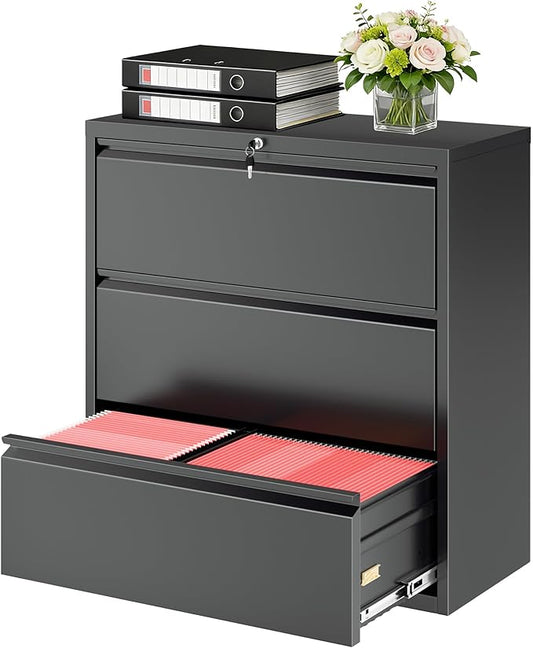 Bonusall File Cabinet, Lateral Filing Cabinet, 3 Drawer Metal File Cabinet with Lock, Lockable Filing Cabinet for Home Office, Hanging Files Letter/Legal/A4/F4 - Black