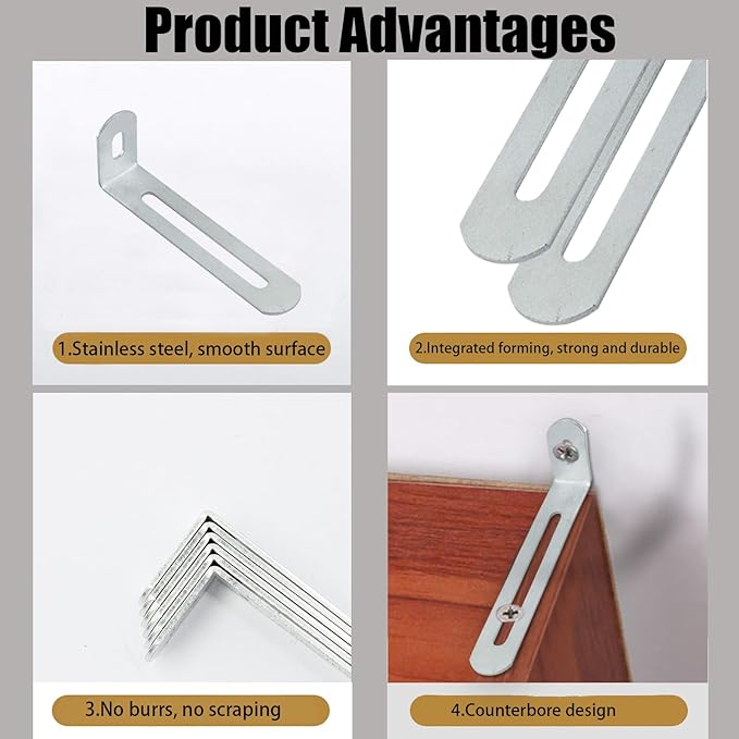 2.6"x1.3"x0.6"Adjustable Right Angle Brackets Metal L Bracket Heavy Duty 90 Degree Corner Fastener L-Shape Corner Brace Support Silver Shelf Bracket , 10Pcs