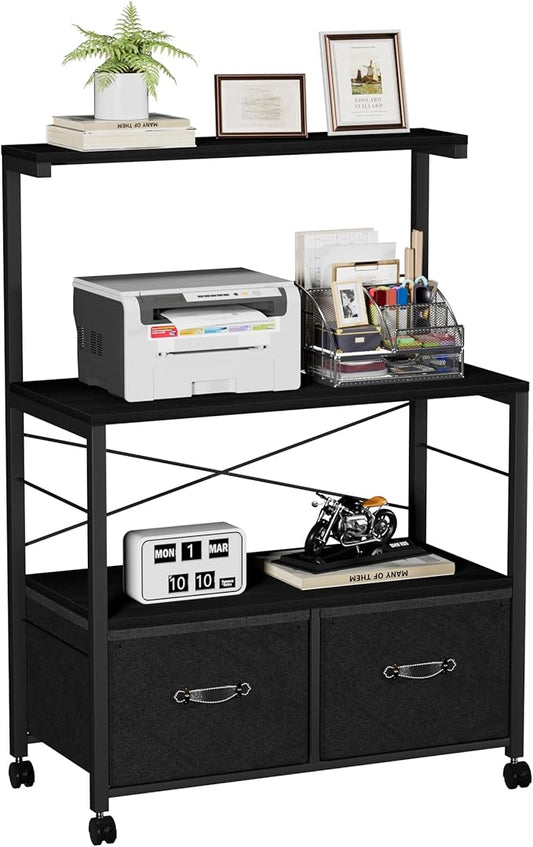 VECELO Large Printer Stand on Brakble Castors, Mobile File Cabinet with 3 Tier Shelf, 2 Drawer Lateral File-Cabinet for Filing Organization, fits Letter Size for Home Office, Black