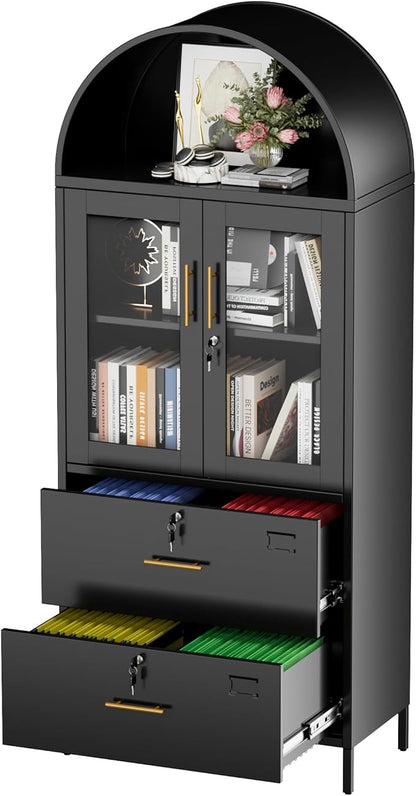 Tall Black Arched Bookcase, Metal Arched Bookshelf with 2 File Drawers and Locking Glass Doors,Assemble Required