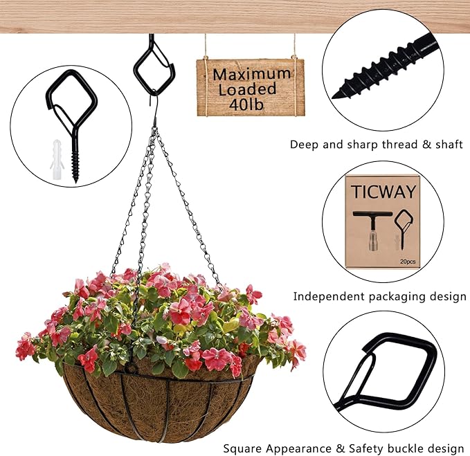 30 Pcs Outdoor Hooks for String Lights,Screw Hooks for Hanging Plants,Ceiling Hooks with Safety Buckle,Square Hanger for Wind Chimes,Bird Feeder,Lanterns,Christmas Decorations (Black)