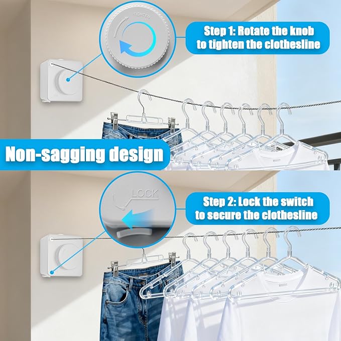 Retractable Clothesline, Non-Sagging Wall Mounted Laundry Line, Space-Saving Stainless Steel Clothes Line, Heavy Duty Drying Rack 15.6 Ft for Apartment, Dorms, RV & Travel (White)