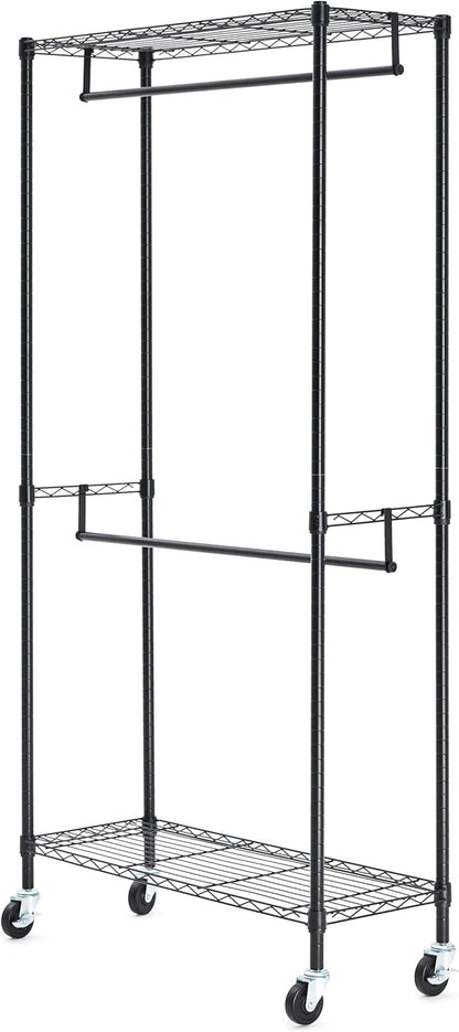 Amazon Basics Adjustable Double Rod Rolling Garment Rack, Hanging Clothes Closet Organizer with Wheels, Heavy Duty, 36" x 14" x 72", Black
