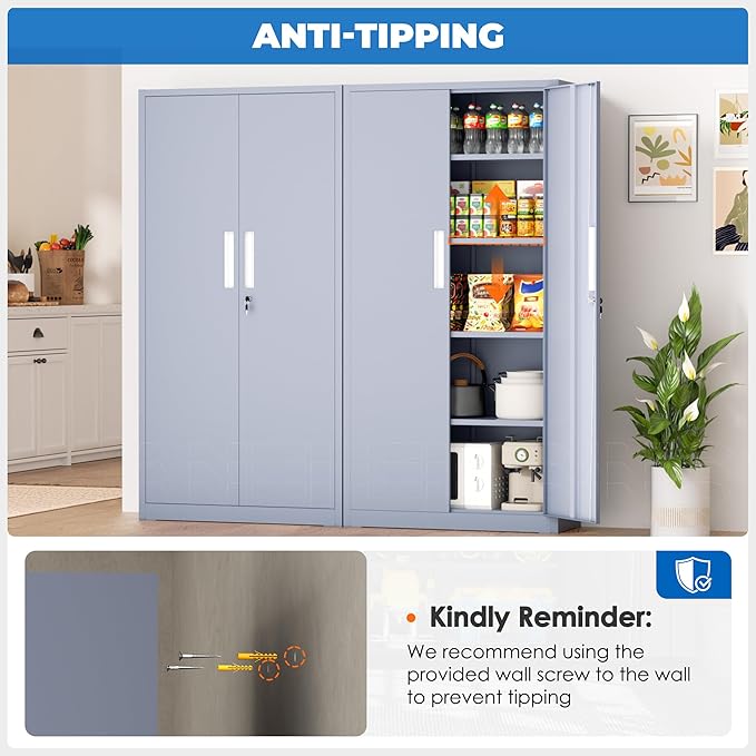 INTERGRAET 63" Pantry Cabinet, Kitchen Pantry Storage Cabinets with 2 Doors and 4 Shelves,Cement Gray Metal Storage Cabinet,Cupboard for Home,Kitchen,Living Room/Dining