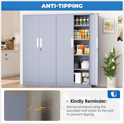 INTERGRAET 63" Pantry Cabinet, Kitchen Pantry Storage Cabinets with 2 Doors and 4 Shelves,Cement Gray Metal Storage Cabinet,Cupboard for Home,Kitchen,Living Room/Dining