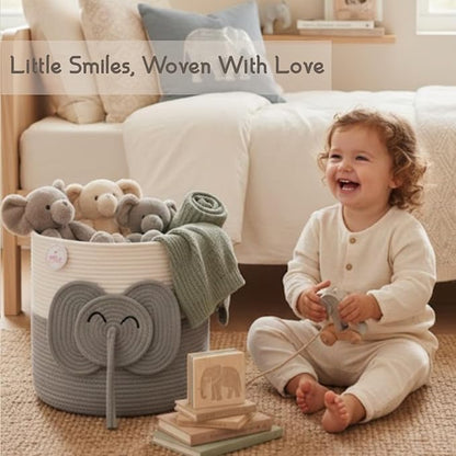 Large Laundry Basket for Kids & Toy Storage Organizer | Woven Cotton Rope Bin for Stuffed Plushies | Cute Elephant Animal Design Hamper with Cutout Handles for Nursery, Playroom & More (Elephant)