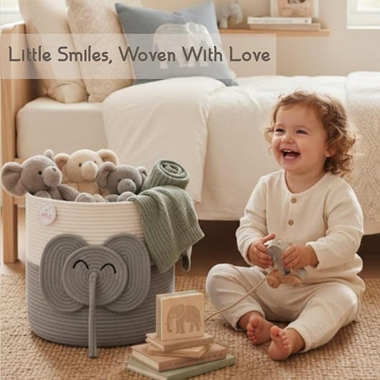 Large Laundry Basket for Kids & Toy Storage Organizer | Woven Cotton Rope Bin for Stuffed Plushies | Cute Elephant Animal Design Hamper with Cutout Handles for Nursery, Playroom & More (Elephant)