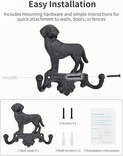 Cast Iron Dog Wall Hooks for Hanging, Heavy Duty Dog Leash Holder for Wall Mount Coat Hooks Decorative Key Hanger Vintage Farmhouse Entryway Cute Animal Decor Rustic Black 1 Pack