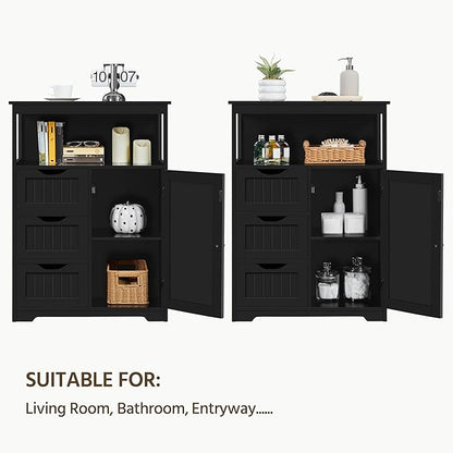 Yaheetech Bathroom Storage Cabinet Bathroom Floor Cabinet Freestanding Organizer and Storage with Door, 3 Drawers, Adjustable Shelf, 35.5 Inches Height, Black Cabinet