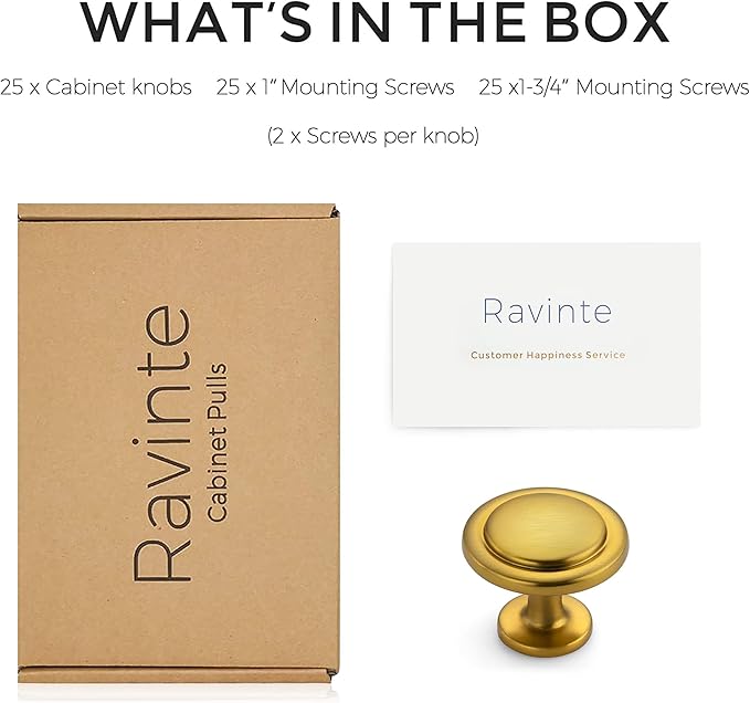 Ravinte 25 Pack 1-1/4 Inch Kitchen Cabinet Knobs Brushed Brass Zinc Pulls Door Handles for Dresser Drawers