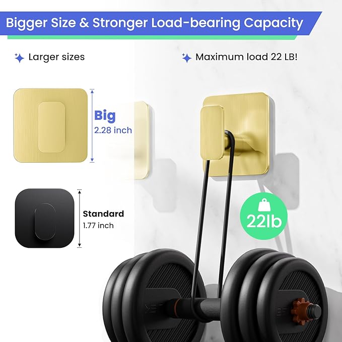 Gold Hooks for Hanging Heavy Duty, Adhesive Hooks for Shower, Bathroom, Kitchen, Robe, Towel, Coat, Waterproof & Rustproof Hook for Walls No Damage, Stainless Steel Sticky Hook - 6 Pack