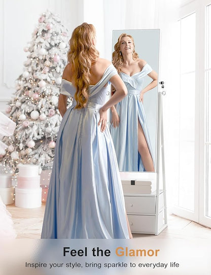 Nicetree Jewelry Cabinet Armoire with 2 Drawers, Lockable Standing Mirror Jewelry Cabinet, Full Length Mirror with Jewelry Storage, Christmas Gifts, White