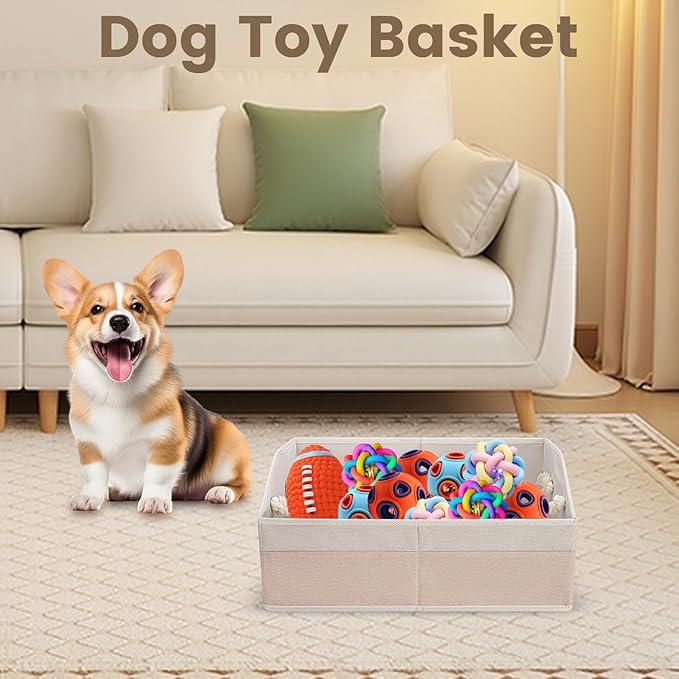 Large Dog Toy Basket With Handle, Foldable Dog Toy Box for Living Room Area, 20" Basket for Dog's Toys, Clothes, Organizers and Storage with Hard Board, Anti-slip for Pet Toys (Beige, Medium)