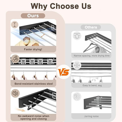 Wall Mounted Clothes Drying Rack Folding Indoor, Foldable Laundry Drying Rack Collapsible,Invisible, Space Saving, Retractable Towel Drying Rack, with Wall Template(5 Drying Rods, Black 32")