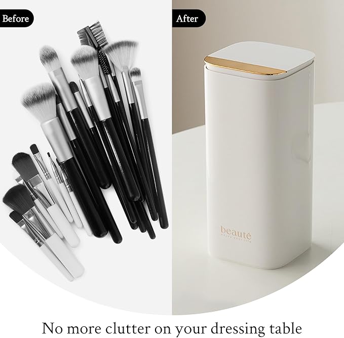 Automatic Lifting Makeup Brush Holder with Lid Dustproof Cosmetic Organizers for Vanity-White