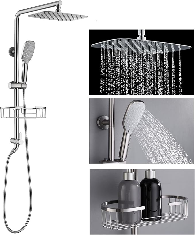 SonTiy Rain Shower Head with Handheld Spray and Shower Shelf, All Metal Shower System Kit with Hand Shower, Height Adjustable Holder and Brass Diverter for Whole Family, 2.5GPM,Brushed Nickel