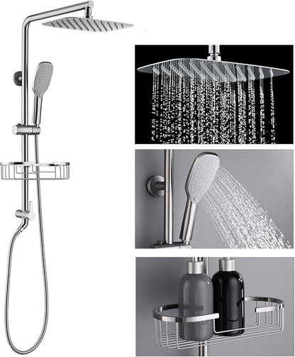SonTiy Rain Shower Head with Handheld Spray and Shower Shelf, All Metal Shower System Kit with Hand Shower, Height Adjustable Holder and Brass Diverter for Whole Family, 2.5GPM,Brushed Nickel