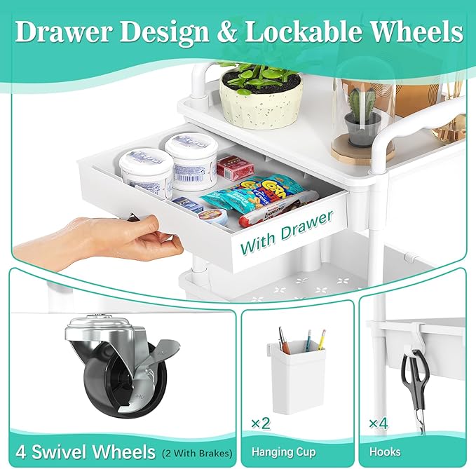 4 Tier Rolling Utility Cart with Drawer, Storage Organizer Cart with 2 Lockable Wheels, Multifunctional Rolling Storage Cart for Bathroom, Kitchen, Craft, Makeup, Baby Essentials, White