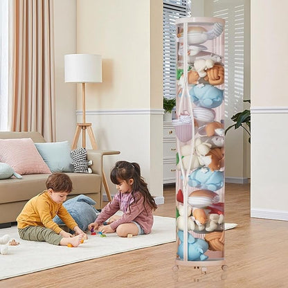 Large Stuffed Animal Storage Tube with Wheels, Tall Toy Organizer with Double Zipper, Clear PET Cylinder Container for Plush Toy Organization, Space Saving Kids Room Storage(White)
